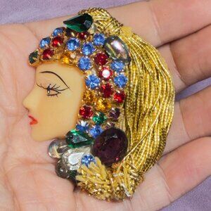 Lady Face Brooch Multicolor Rhinestone Metallic Thread Hair Handmade Art Pin 2”